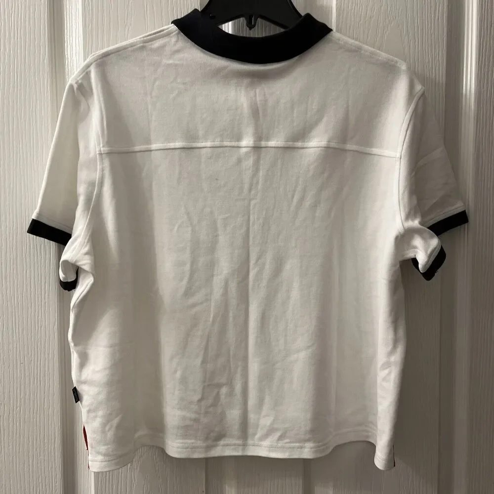 Outdoor Afro + REI Co Op Women's Large Polo Shirt‎ White Black Ring Band Sleeve